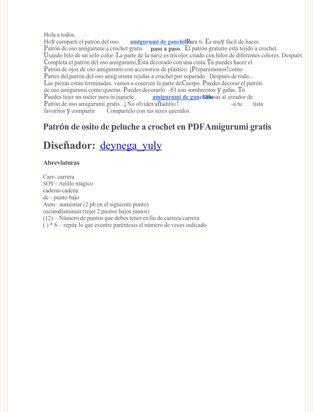 Patrón de osito de peluche amigurumi fácil y gratis en PDF