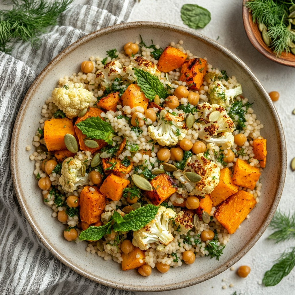 Roasted Veggie Couscous with Pesto Tahini Delight