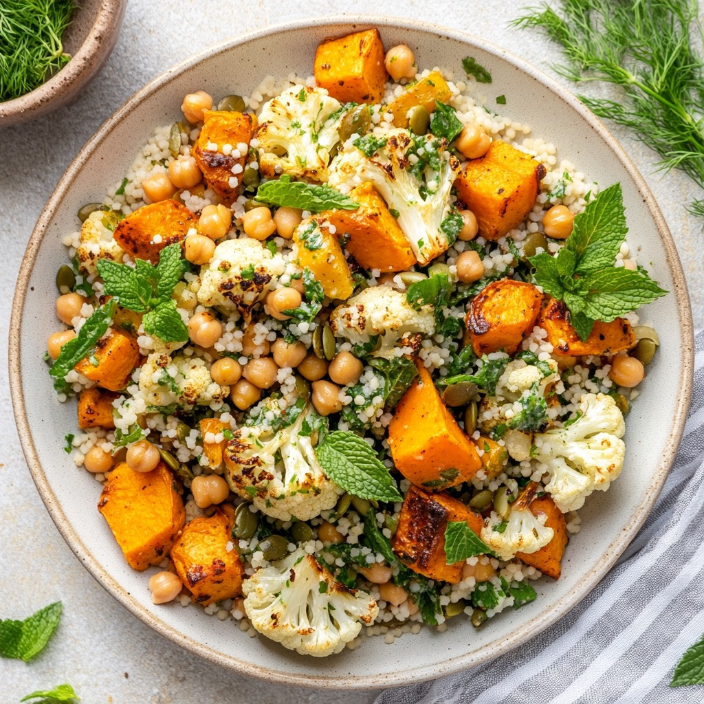 Roasted Veggie Couscous with Pesto Tahini Delight