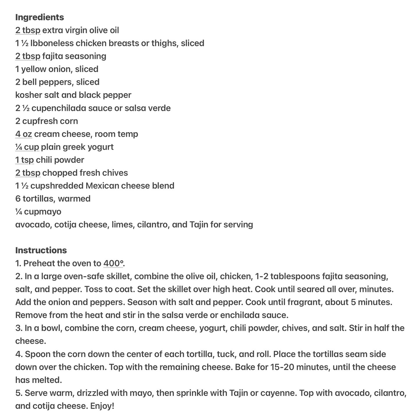 Sizzling Street Corn Chicken Enchilada Skillet