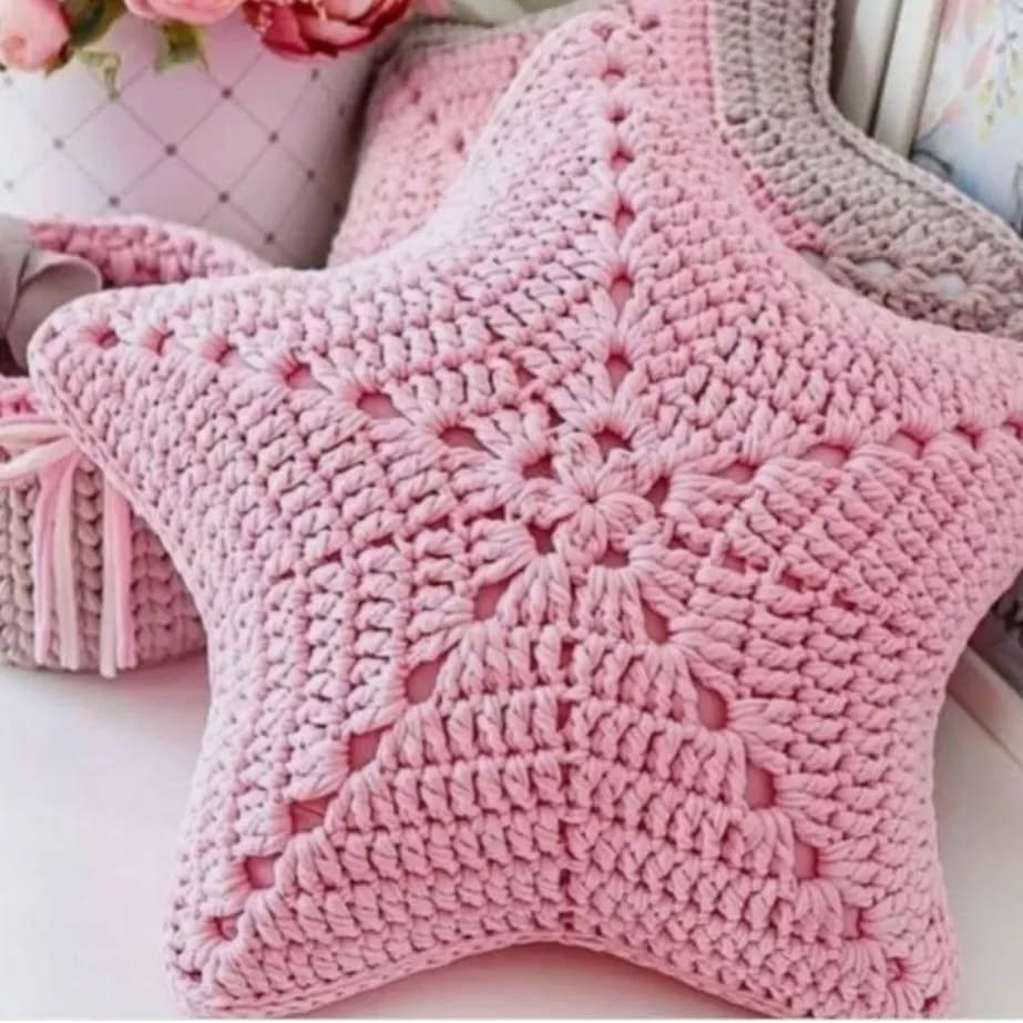Star-Shaped Crochet Cushion Patterns in Soft Pink and White