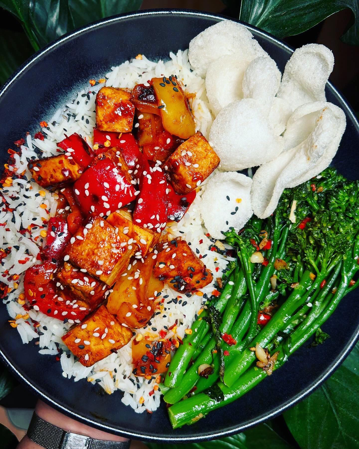 Sticky Glazed Tofu with Sesame Stir-Fried Vegetables
