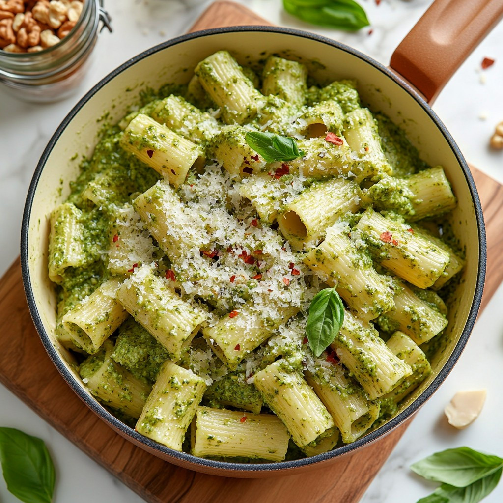 Vibrant Kale and Basil Pesto Rigatoni Delight