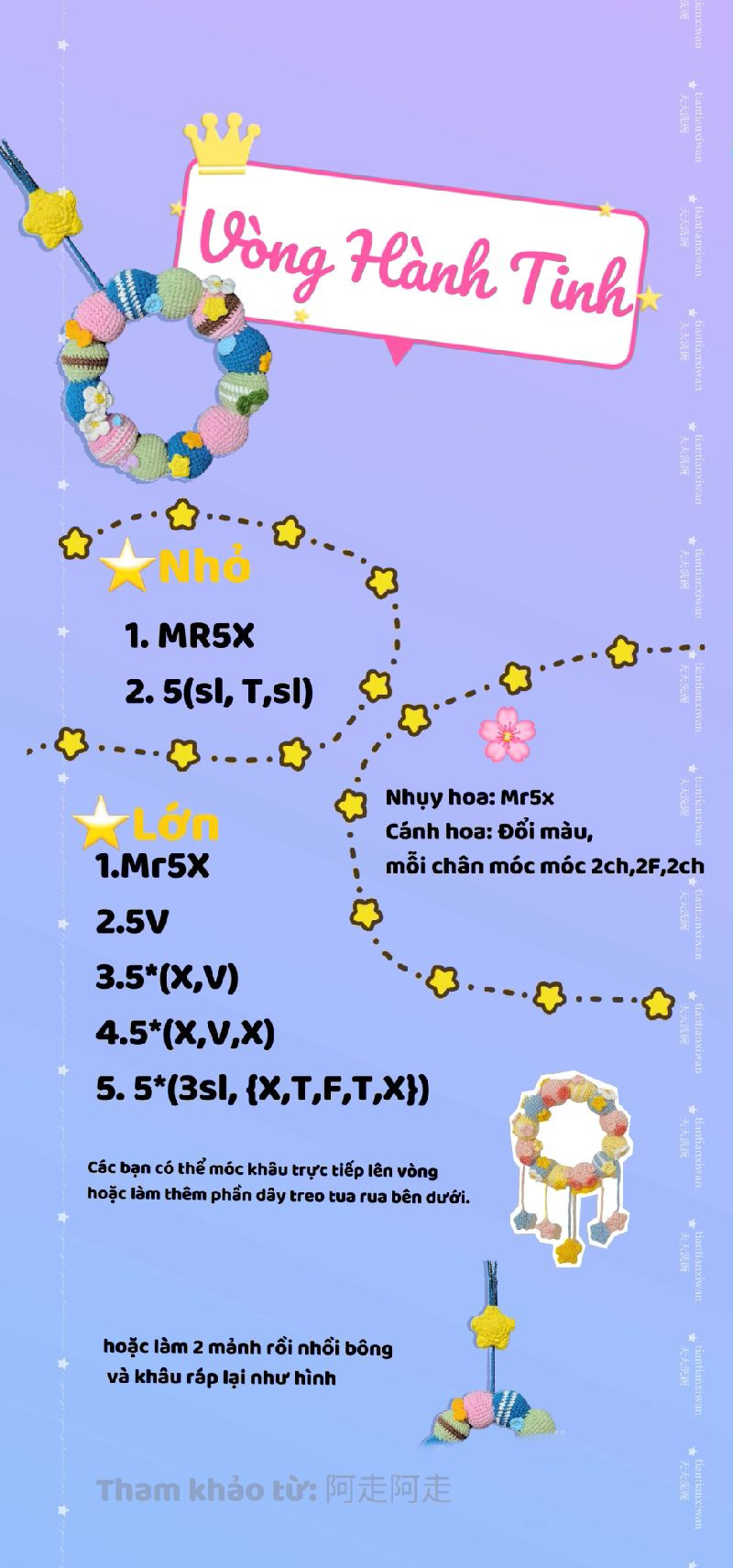 Vòng hoa móc len sắc màu với họa tiết ngôi sao và hoa