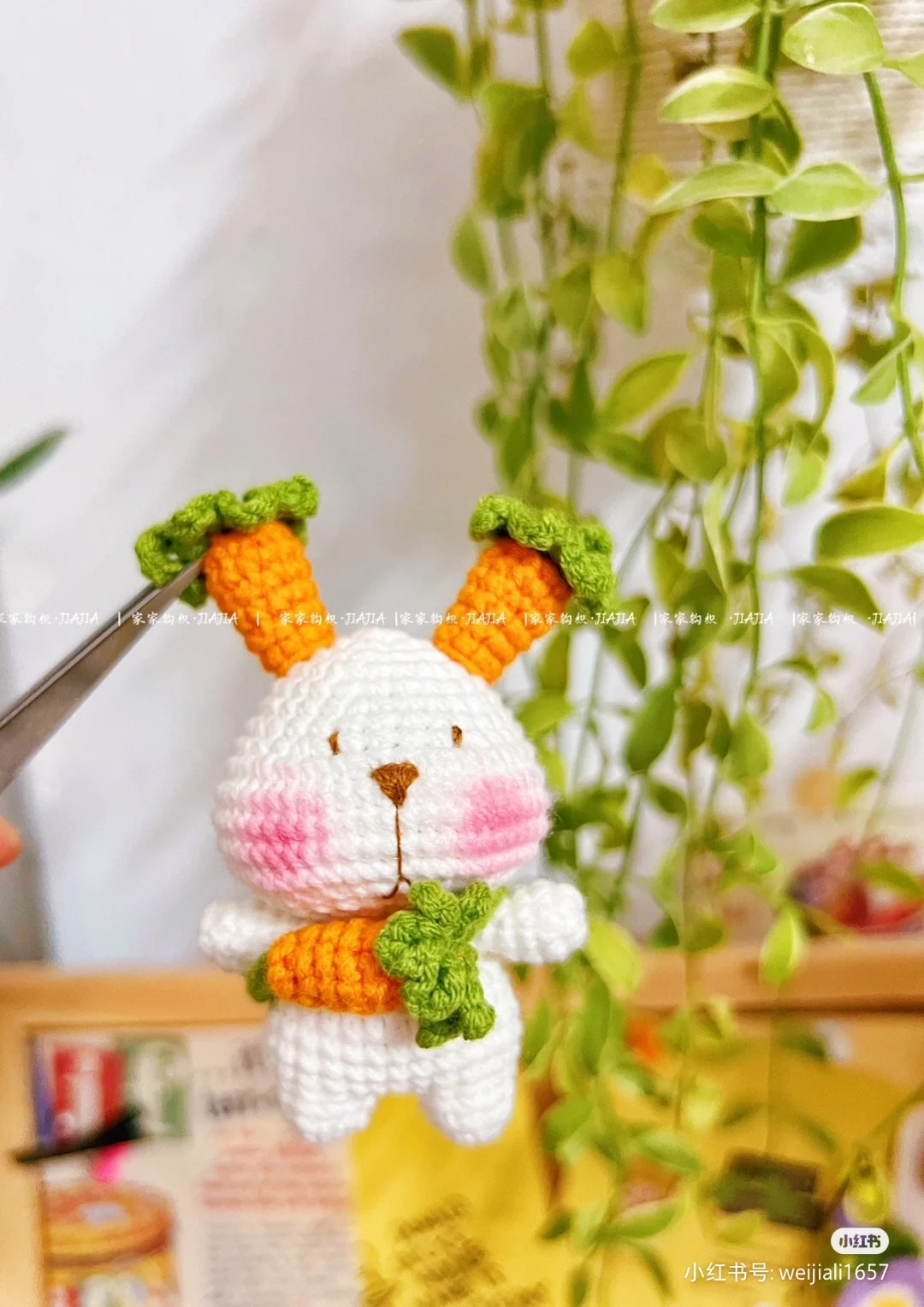 Adorable Crochet Bunnies Holding Carrots in a Woven Basket