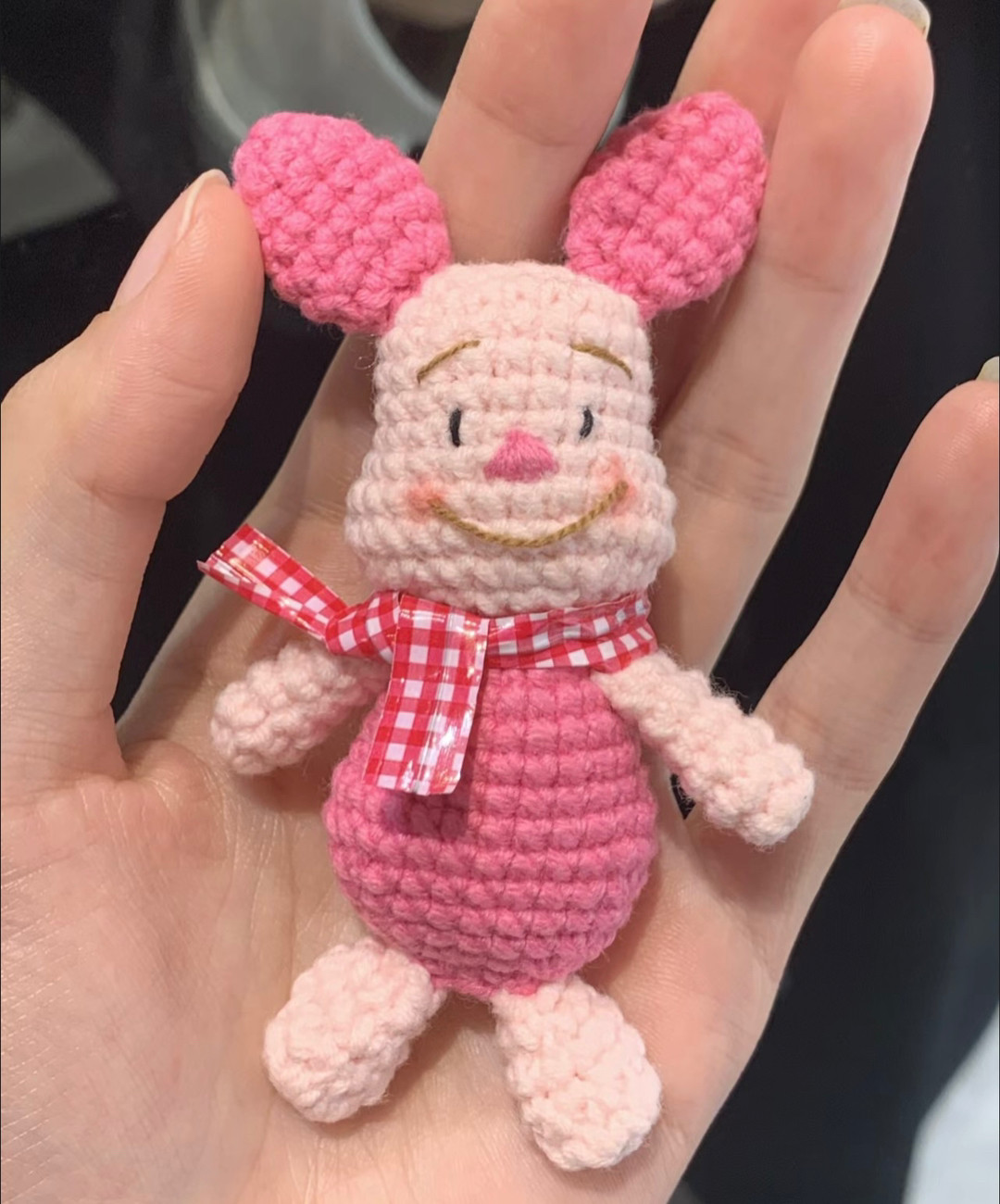 Adorable Crochet Piglet with Pink Ears and Red Bow