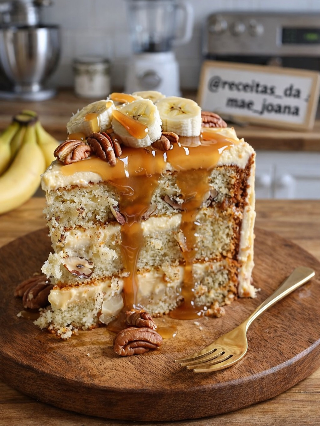 Bolo Gourmet de Banana e Nozes com Caramelo Escorrendo