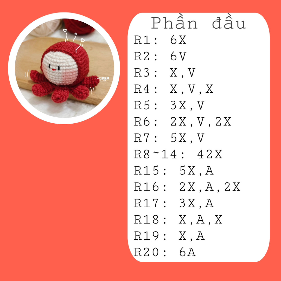 Búp bê bạch tuộc móc len dễ thương màu đỏ cho người mới bắt đầu