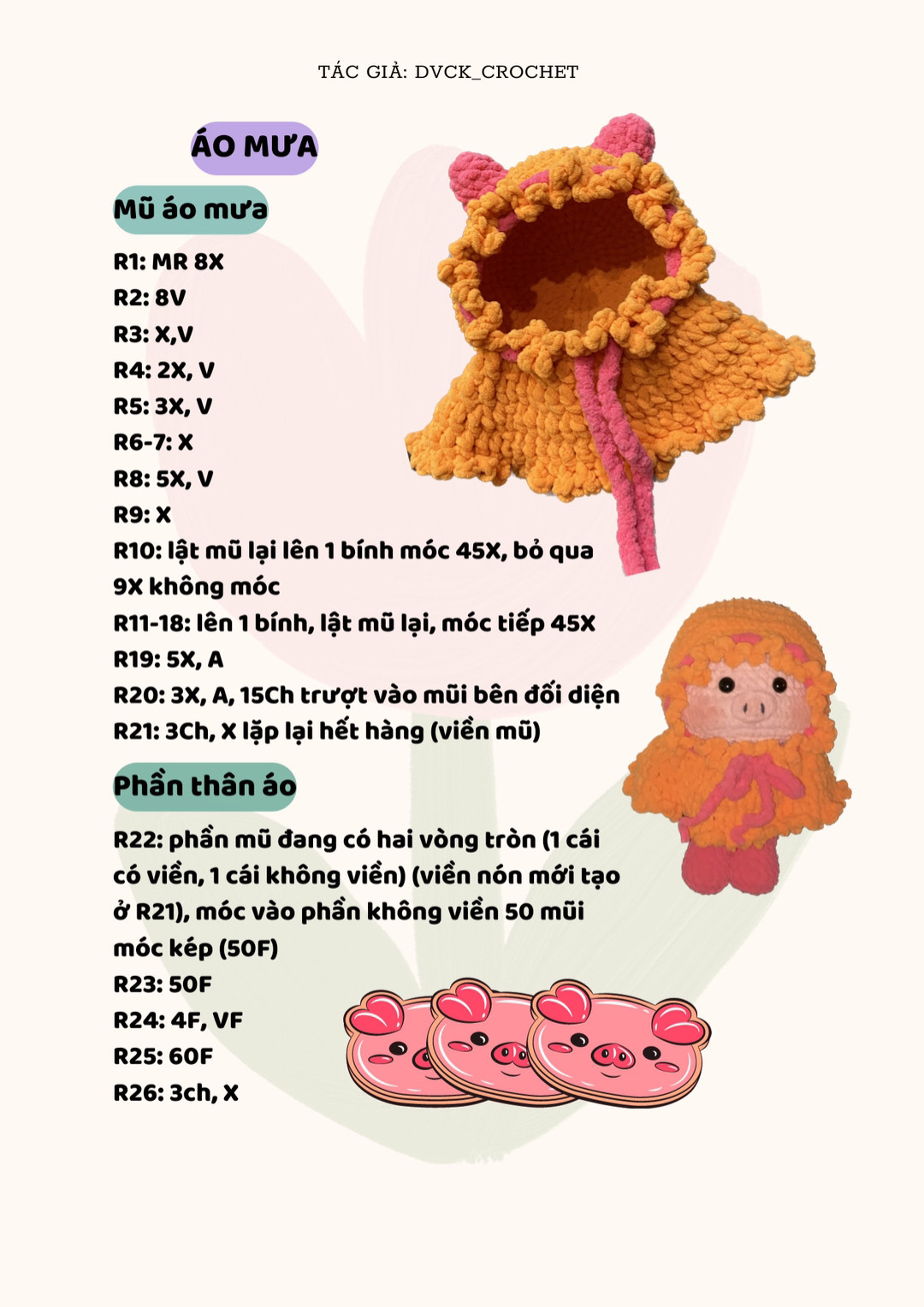 Búp bê heo dễ thương với áo choàng cam tự móc