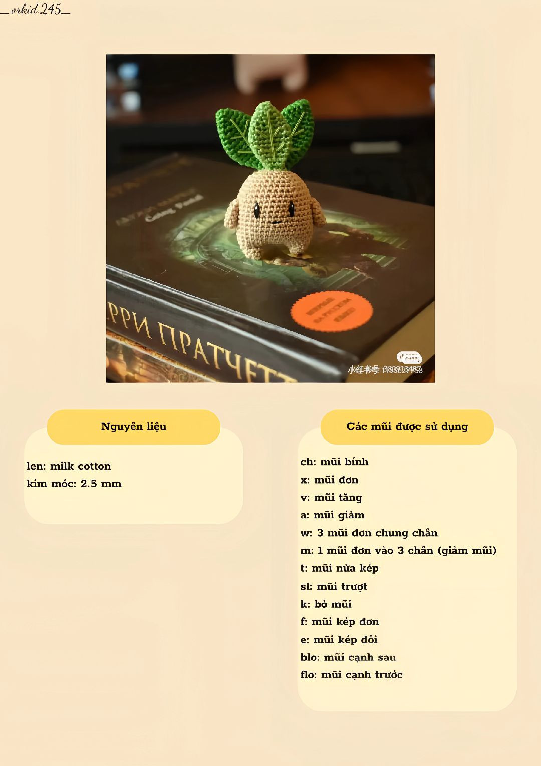 Búp bê móc len hình củ hành với lá xanh đáng yêu