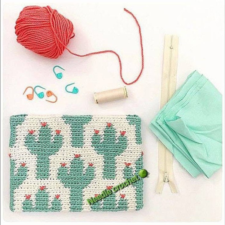Cactus Pattern Crochet Bag with Colorful Pom Poms