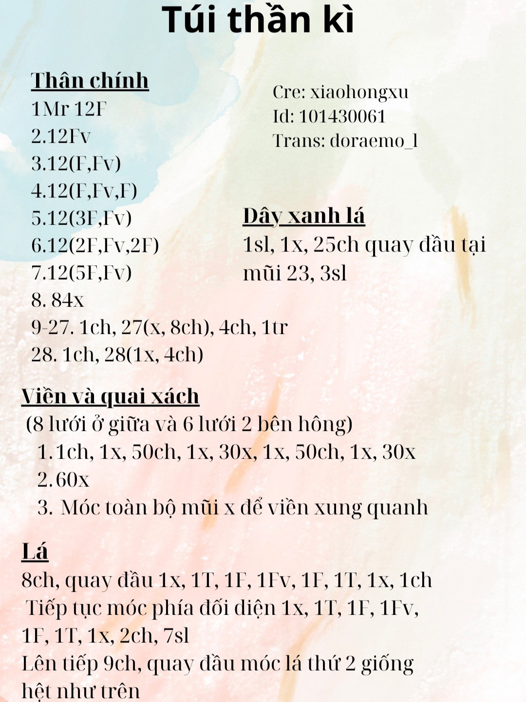 Chart hướng dẫn móc túi thằn lằn kỳ diệu với chi tiết từng bước