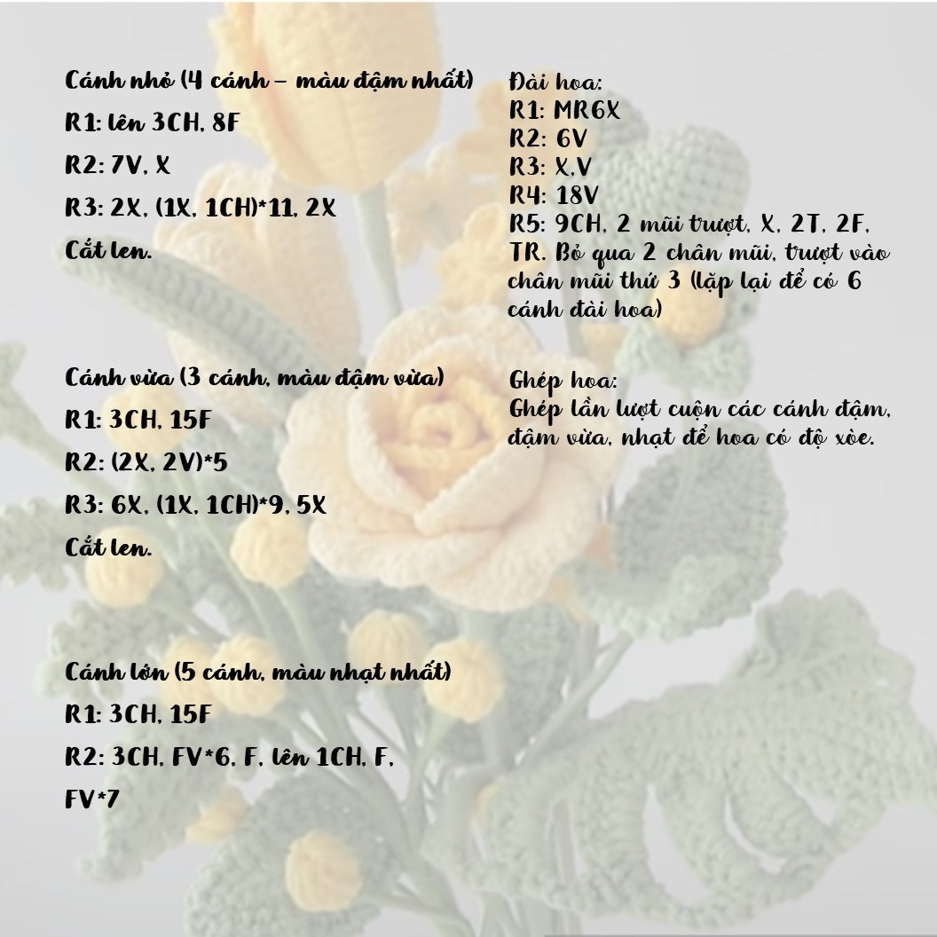 Chart mẫu hoa hồng ghép cánh bằng len cho người mới bắt đầu