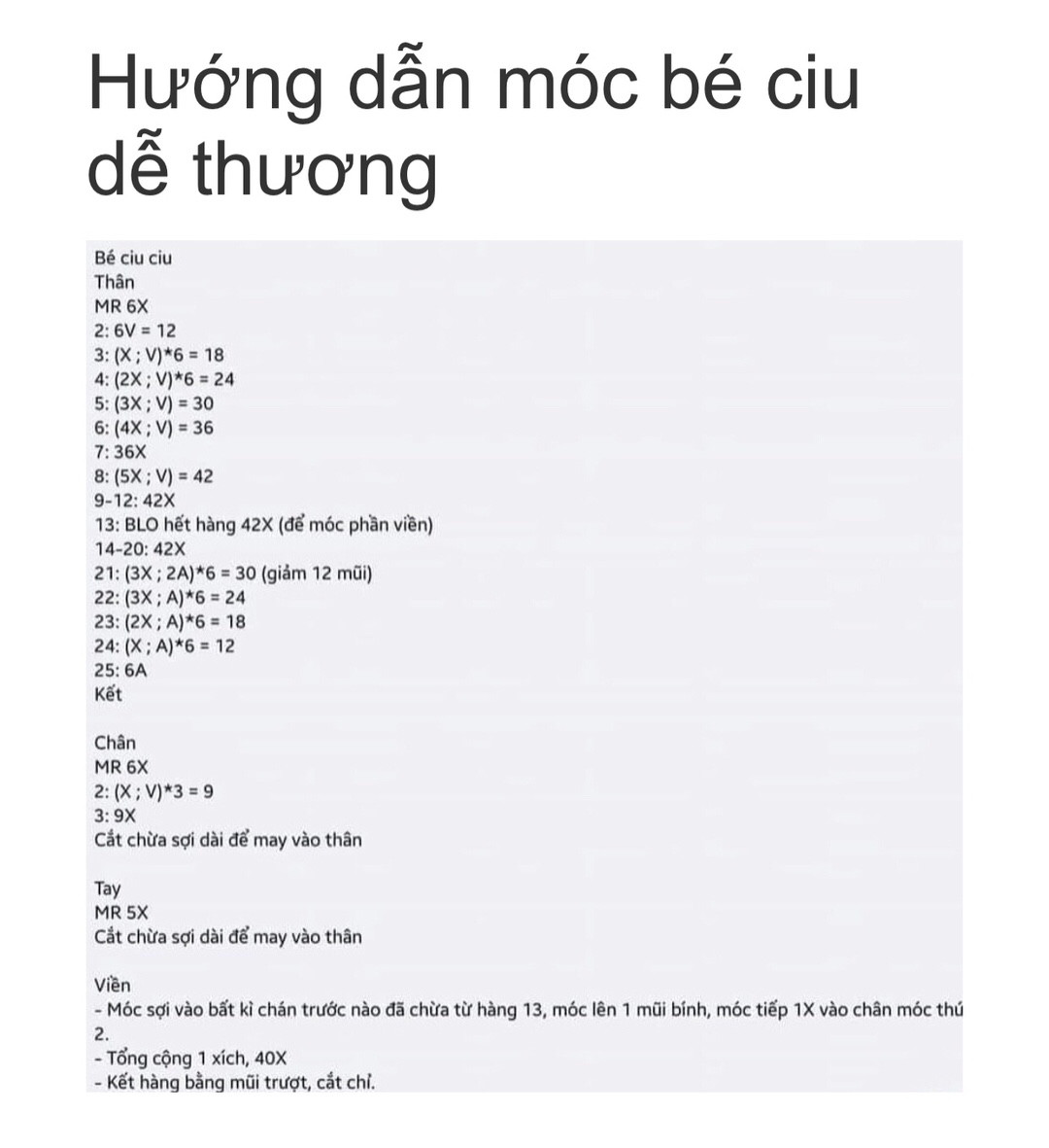 Chart móc bé thú bông dễ thương và đơn giản