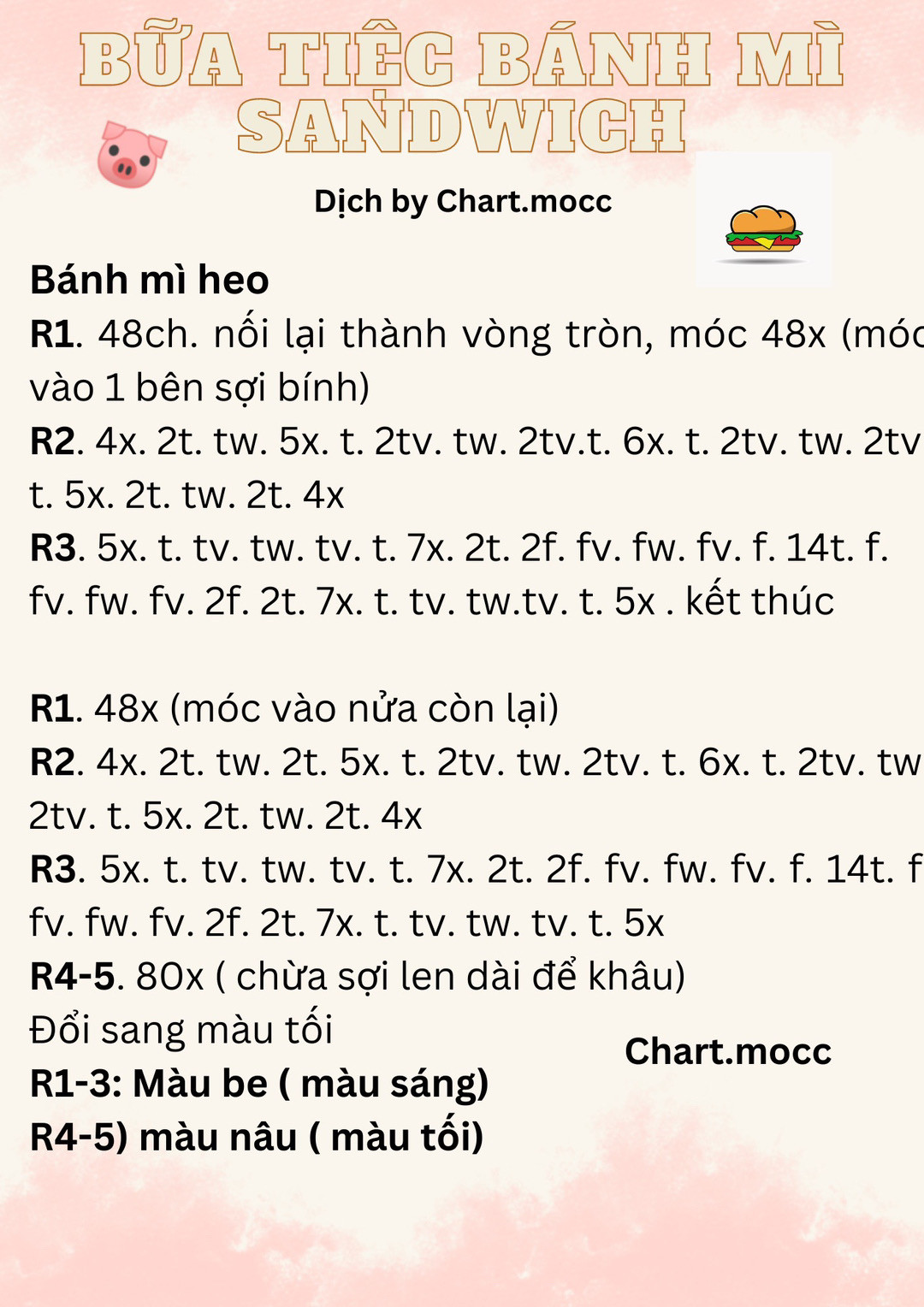 Chart móc len chú heo dễ thương với mũ bánh mì sáng tạo