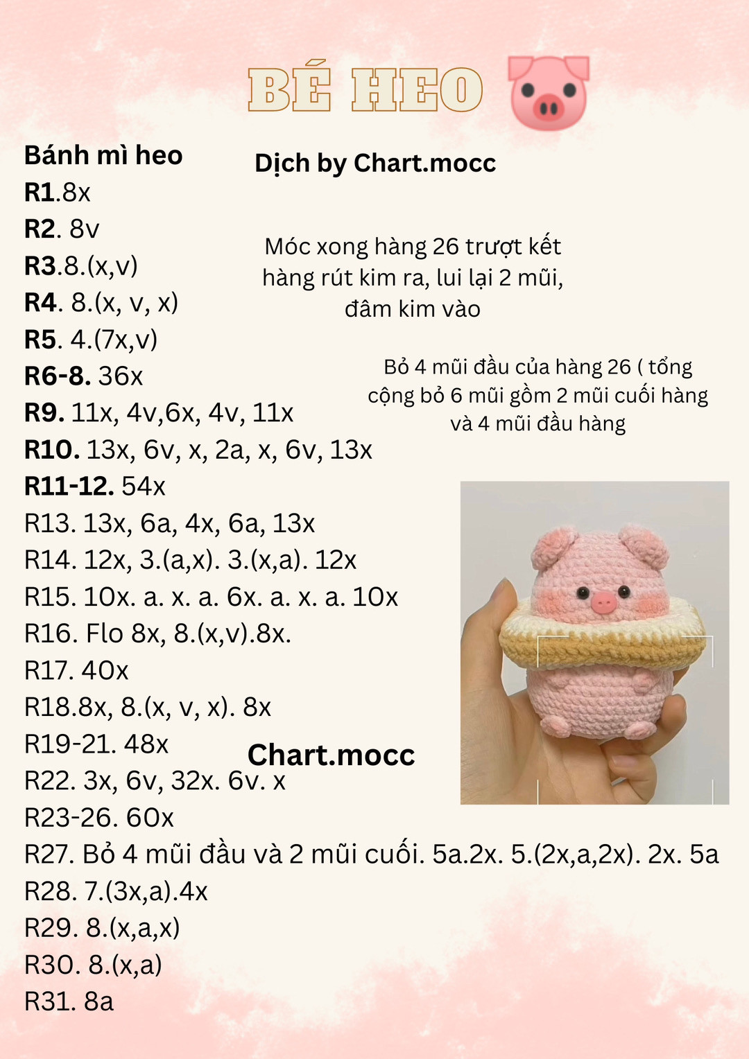 Chart móc len chú heo dễ thương với mũ bánh mì sáng tạo