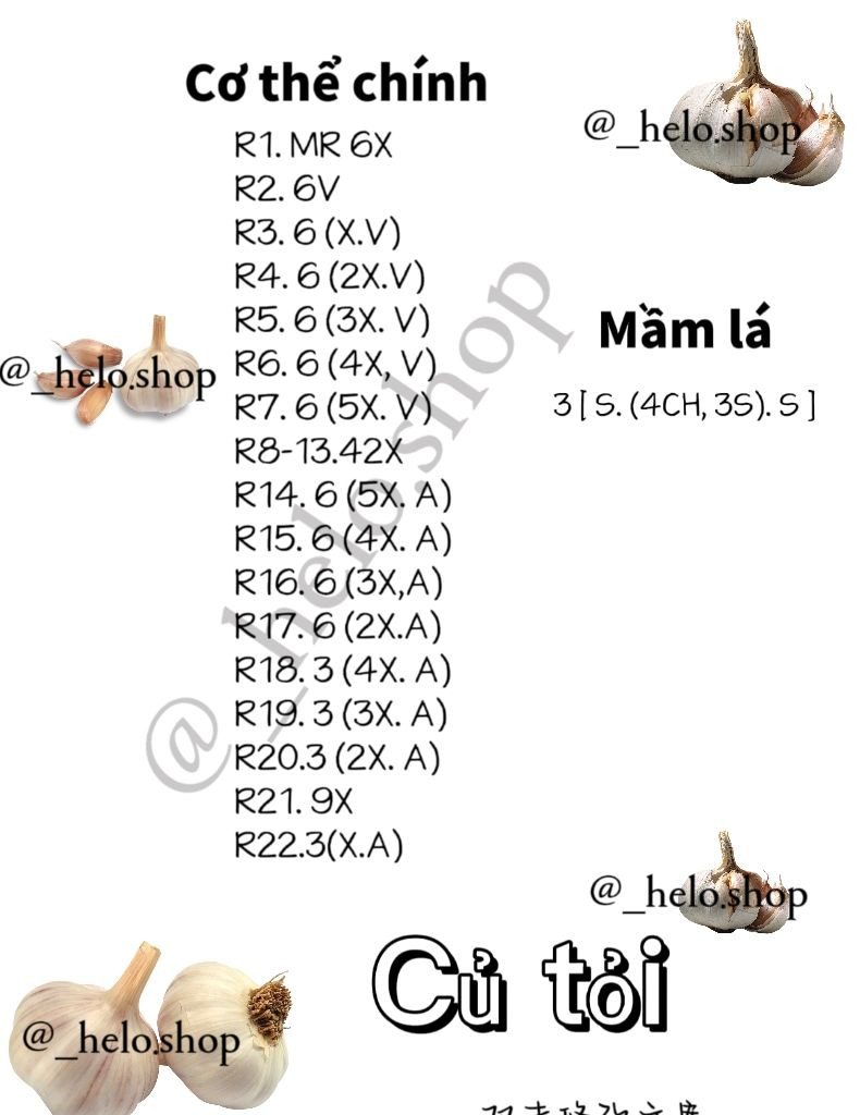 Chart móc len củ tỏi dễ thương từ len trắng và xanh
