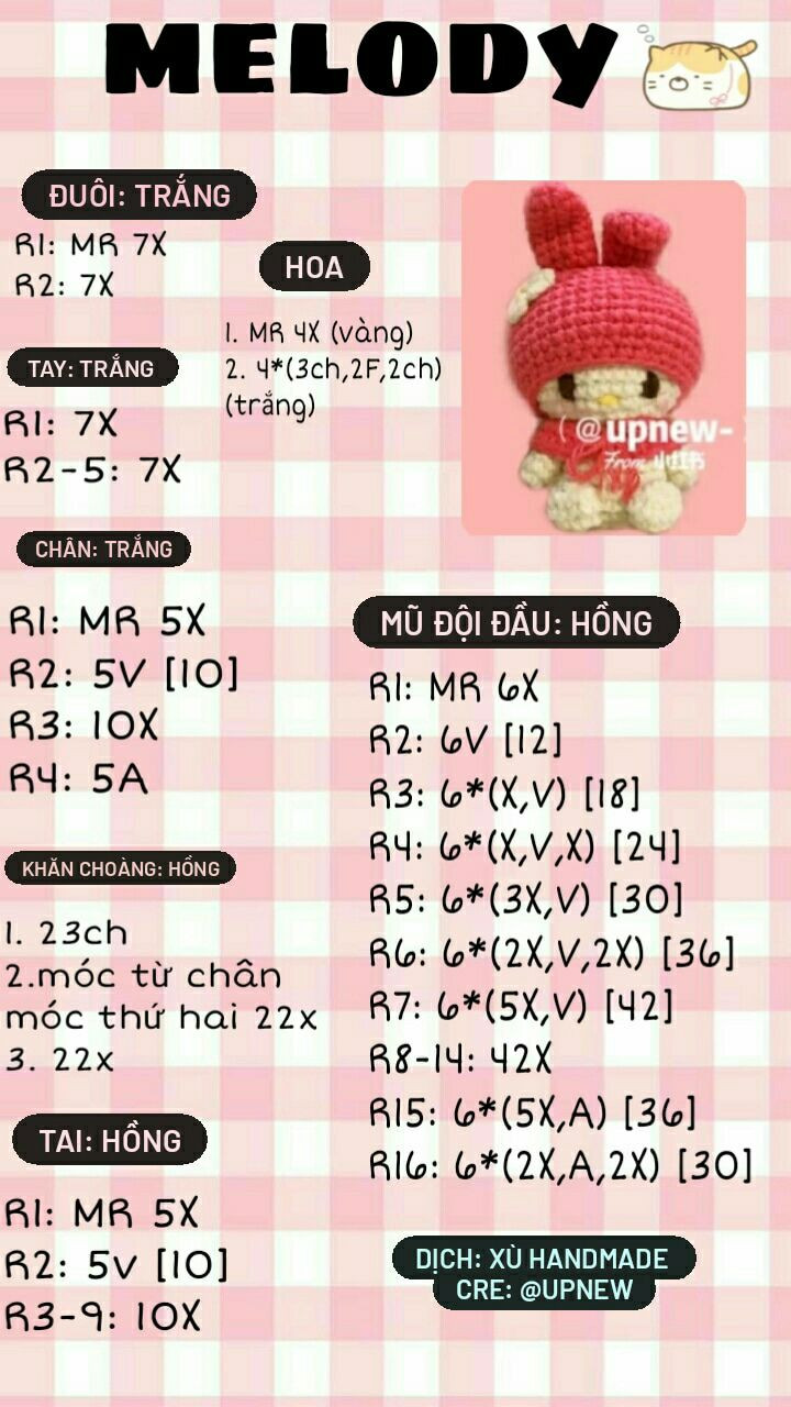 Chart móc len hai thú bông dễ thương với nón tai thỏ