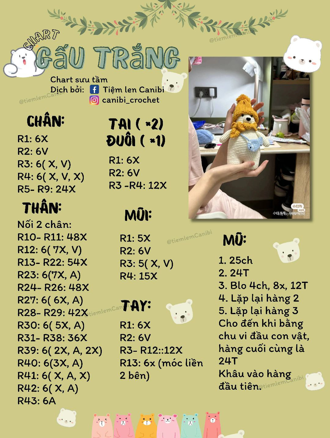 Chart móc len hình gấu trắng dễ thương cho người mới bắt đầu