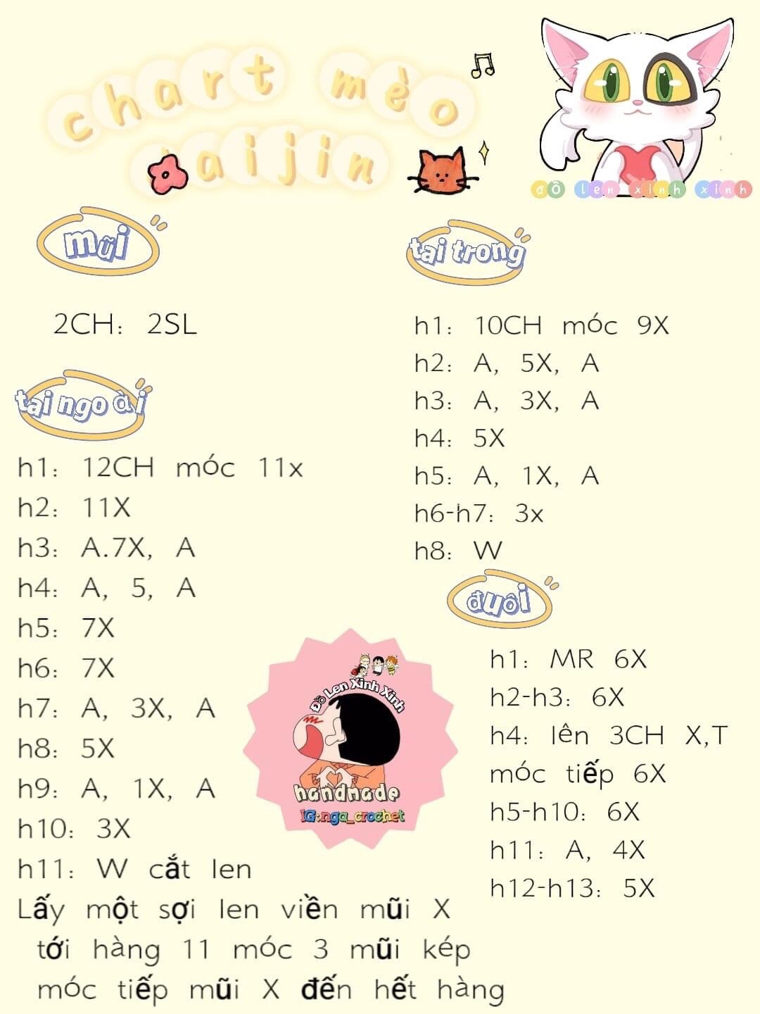 Chart móc len hình mèo dễ thương cho dự án thủ công