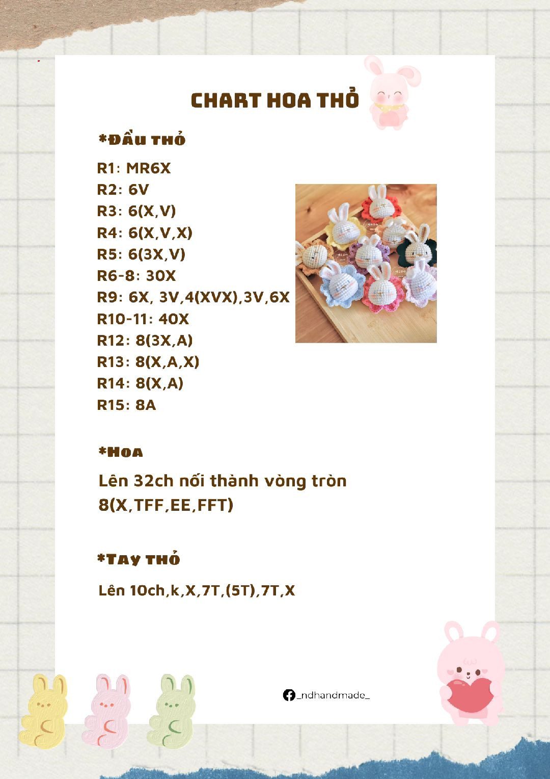 Chart móc len hoa thỏ dễ thương cho người mới bắt đầu