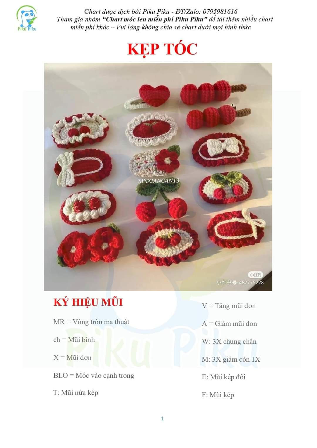 Chart móc len họa tiết trái cây và nơ cho phụ kiện thời trang