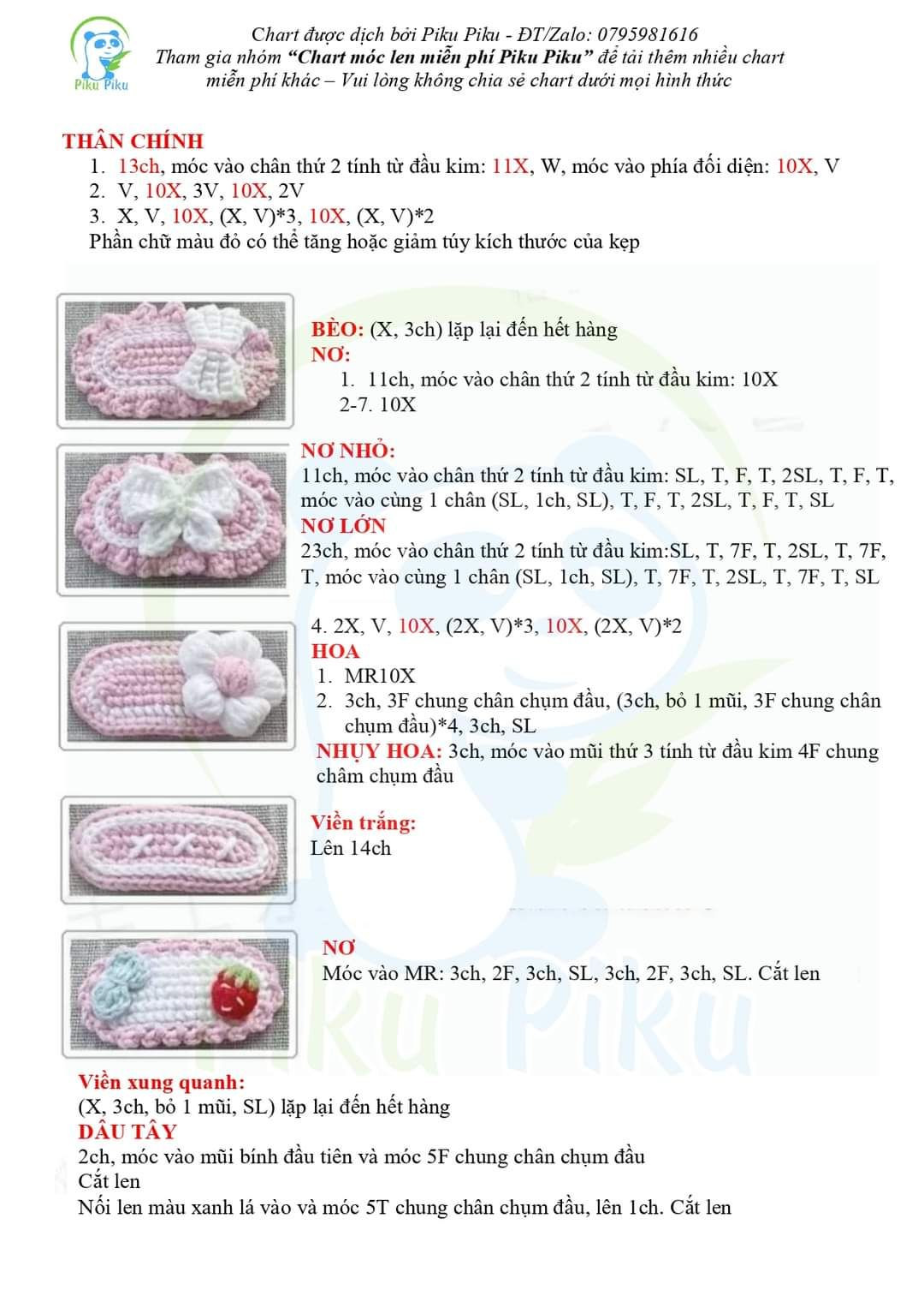 Chart móc len họa tiết trái cây và nơ cho phụ kiện thời trang