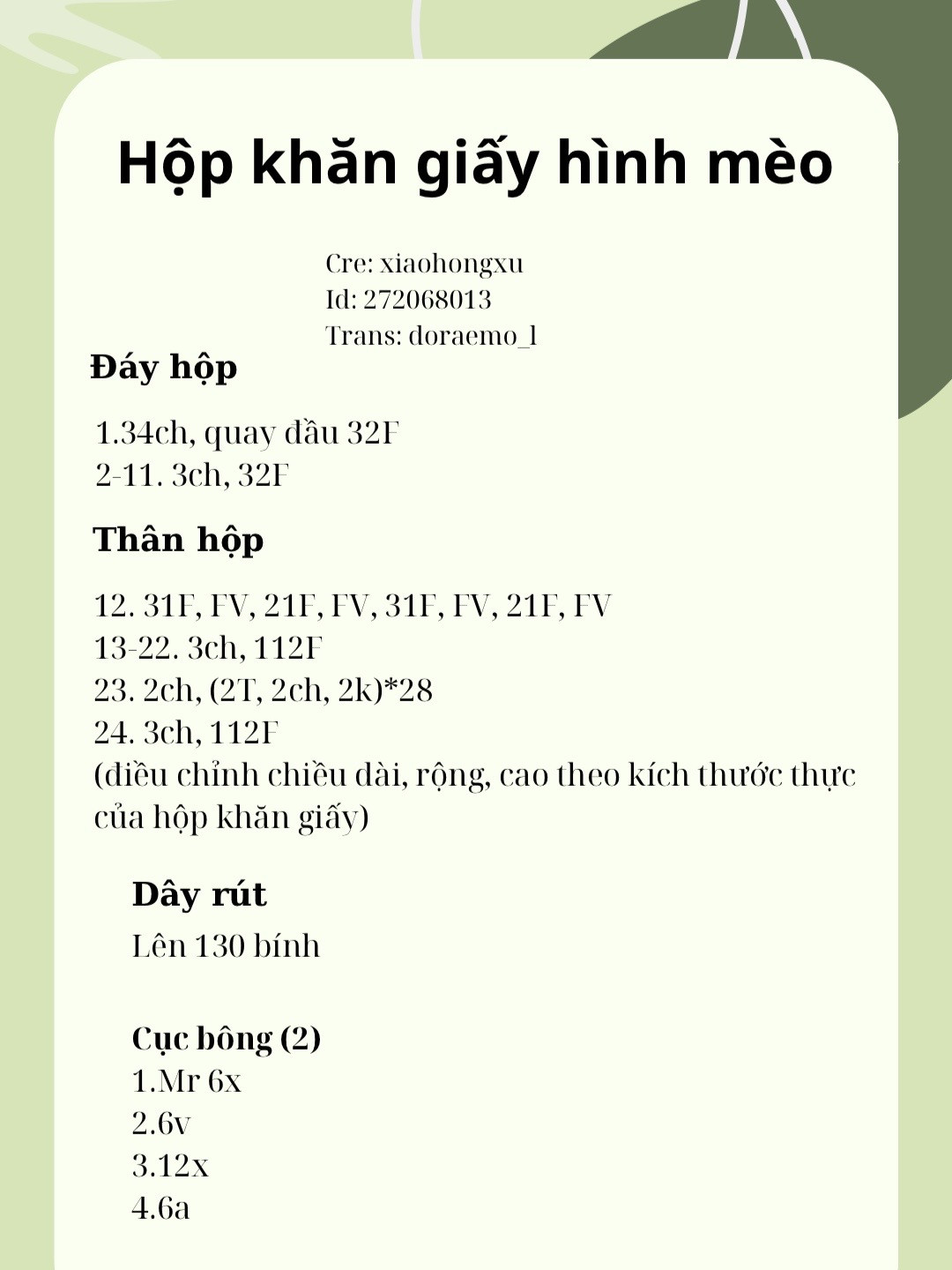Chart móc len hộp khăn giấy hình mèo dễ thương và sáng tạo