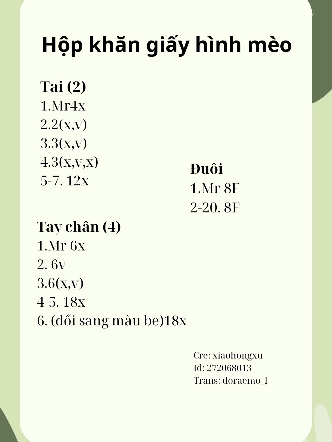Chart móc len hộp khăn giấy hình mèo dễ thương và sáng tạo