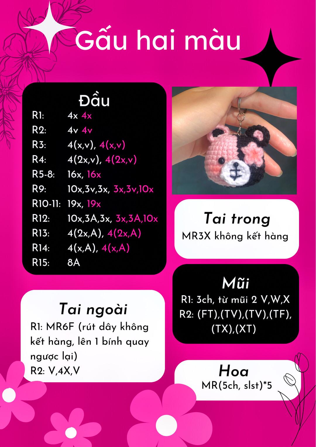 Chart móc len hướng dẫn làm móc khóa gấu hai màu dễ thương