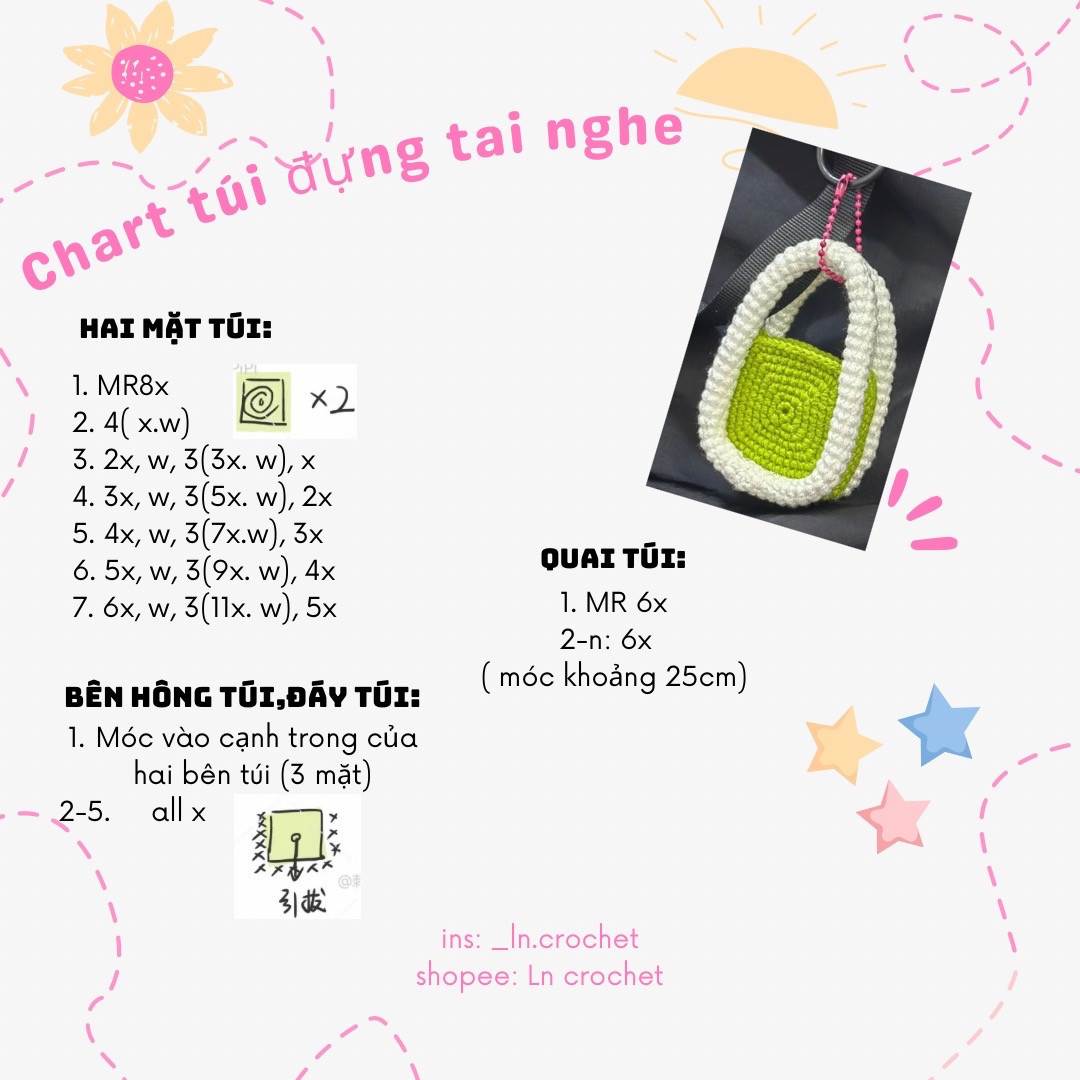 Chart móc len túi đựng tai nghe dễ thương cho người mới bắt đầu