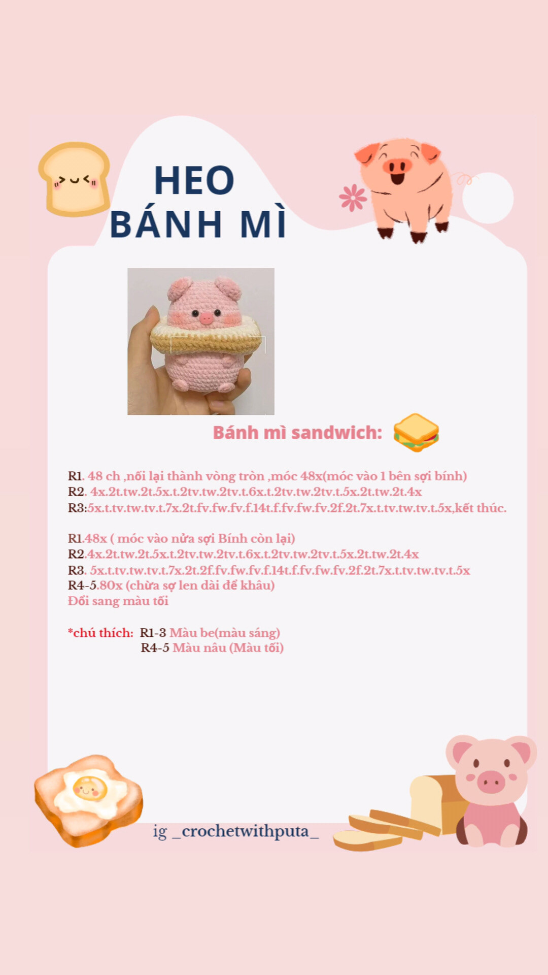 Chú heo hồng móc len đáng yêu với vòng cổ bánh donut