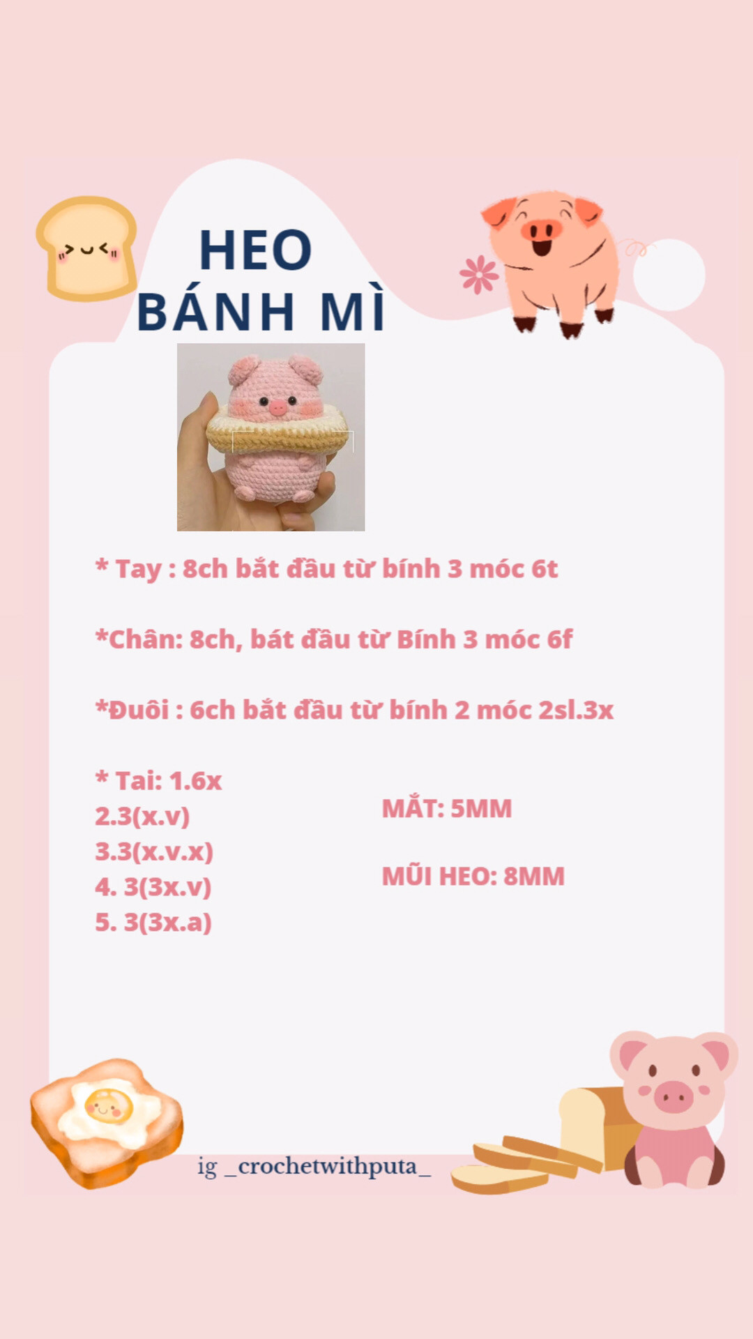 Chú heo hồng móc len đáng yêu với vòng cổ bánh donut