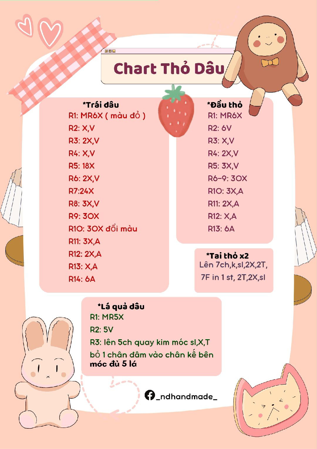 Chú thỏ len dễ thương nằm trong quả dâu tây xinh xắn