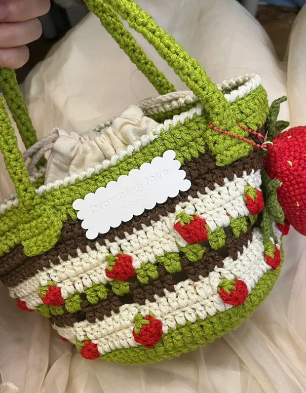 Colorful Crochet Bag with Strawberry Patterns and Green Handles