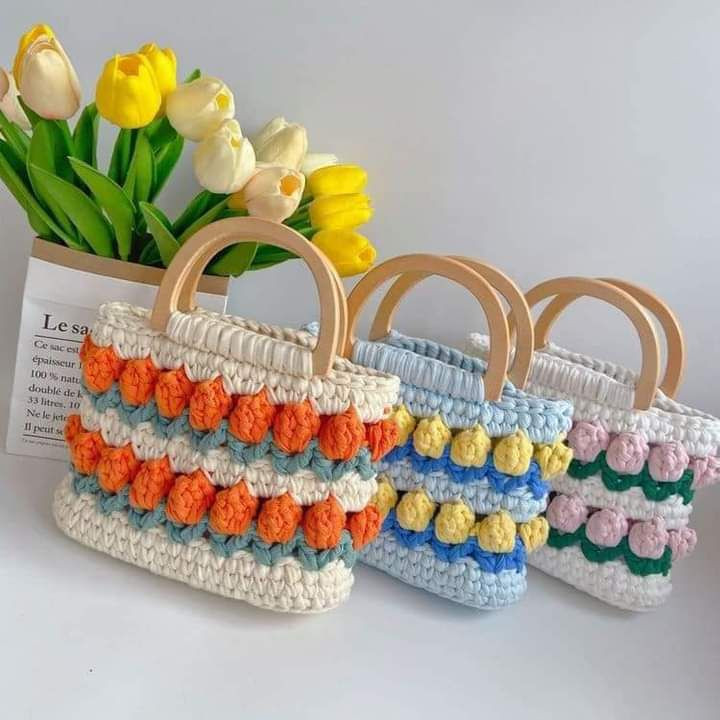 Colorful Crochet Bag with Tools and Yarn Setup