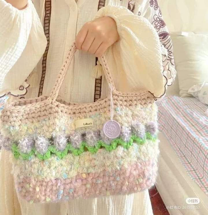 Colorful Crochet Bag with Tools and Yarn Setup