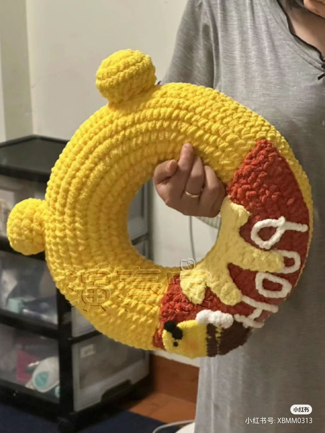 Crochet Bear-Themed Wreath with Yellow and Red Accents