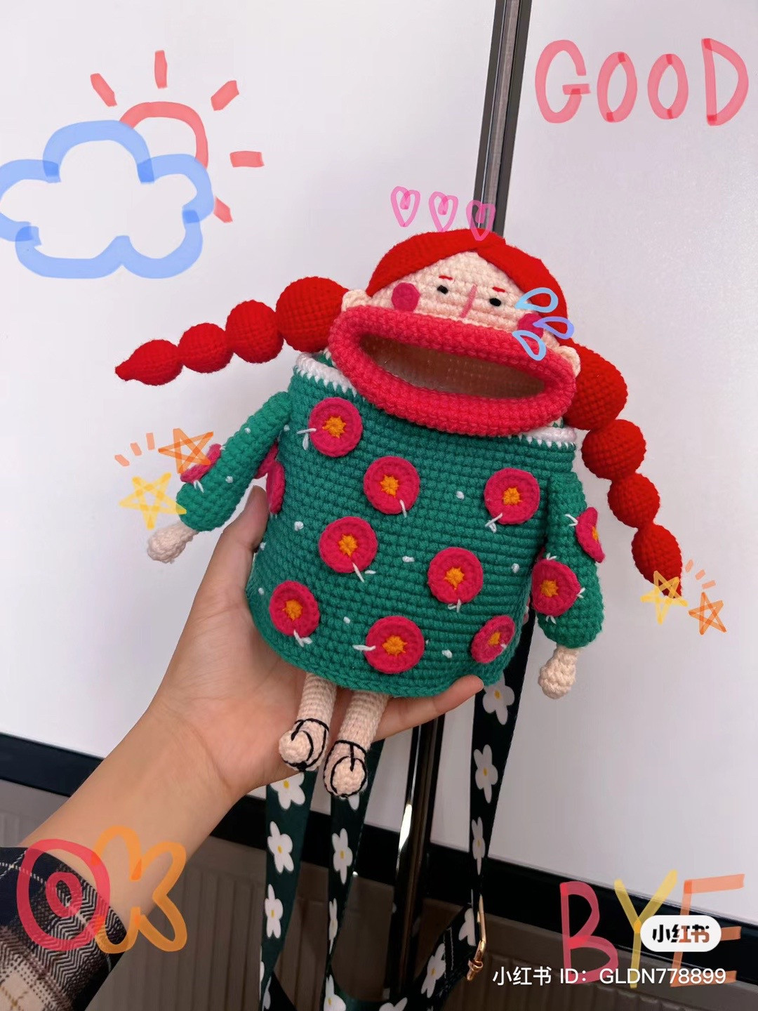 Crochet Doll Bag with Red Braids and Colorful Flowers