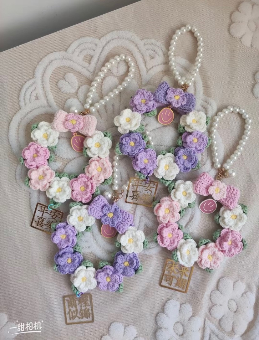 Crochet Floral Wreath with Pearl Handle and Pink Bow