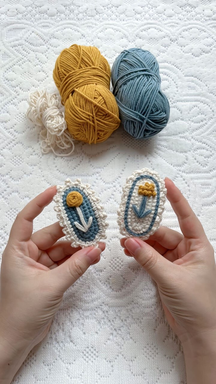 Crochet Flower Brooches with Yellow and Blue Yarn Patterns