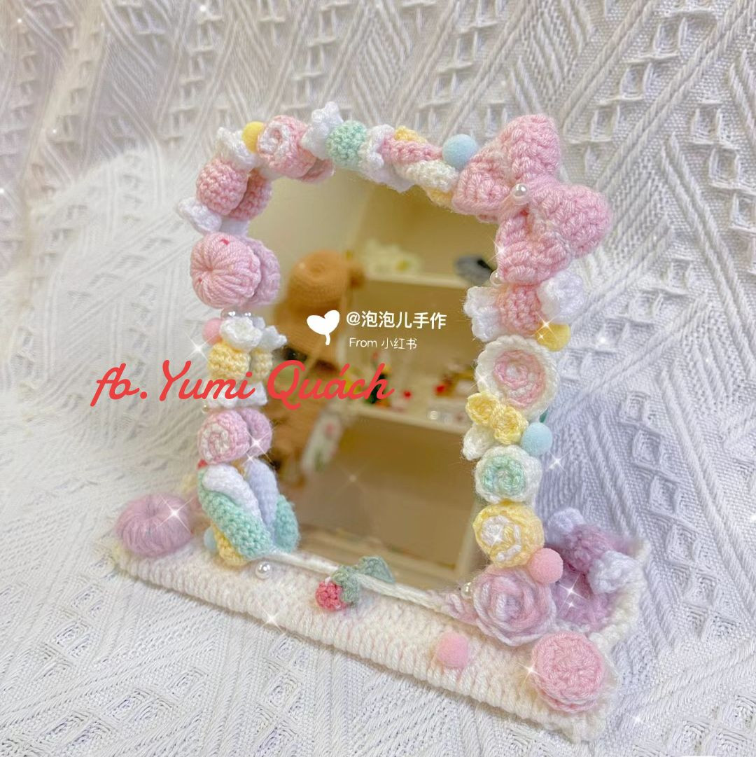 Crochet Mirror Frame with Pastel Flowers and Cute Details