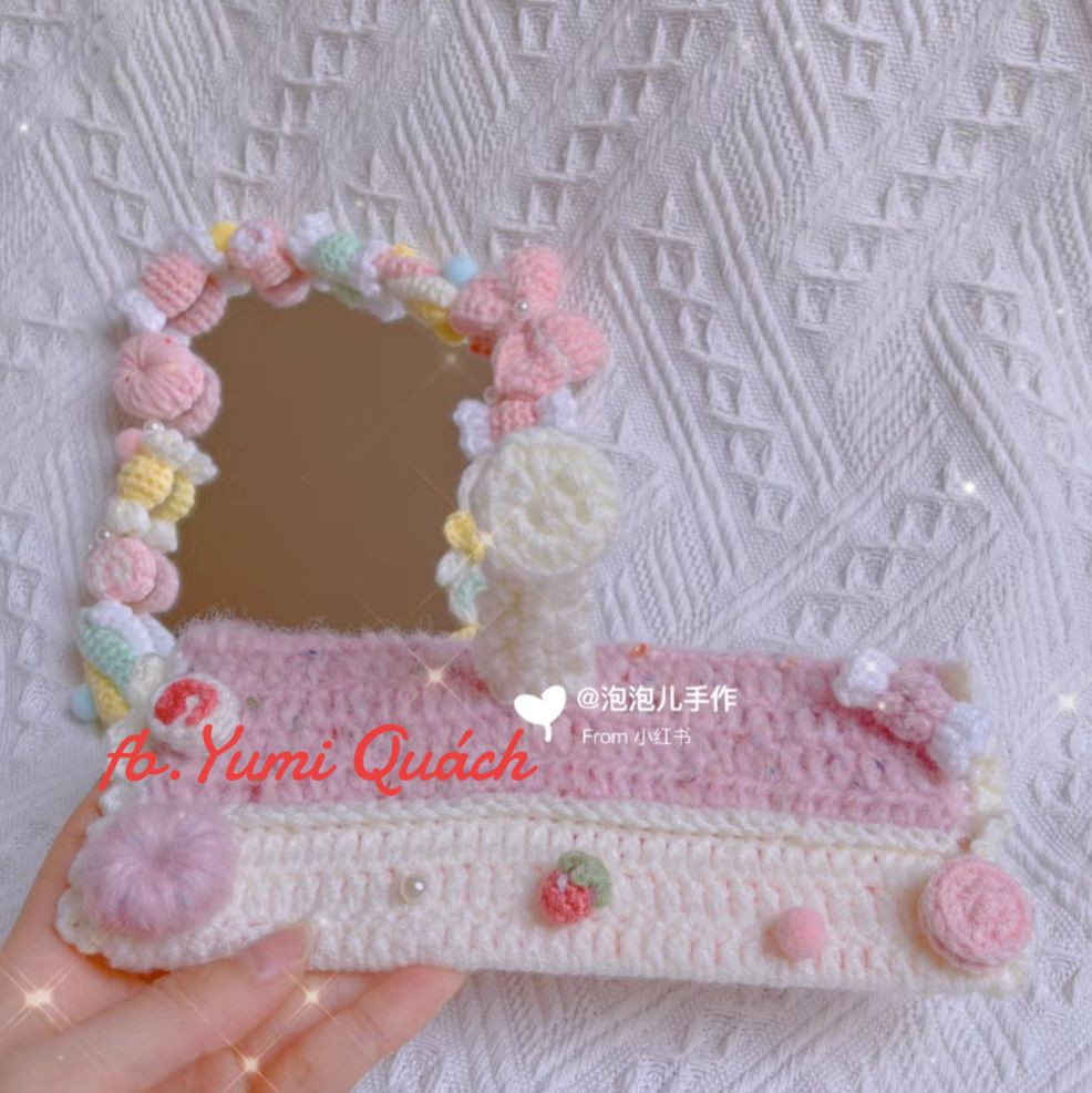 Crochet Mirror Frame with Pastel Flowers and Cute Details