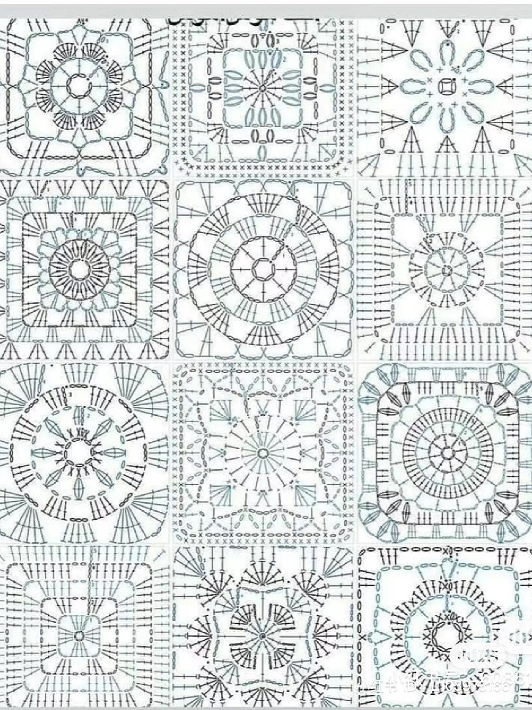 Crochet Pattern Chart with Intricate Square Motifs and Floral Designs