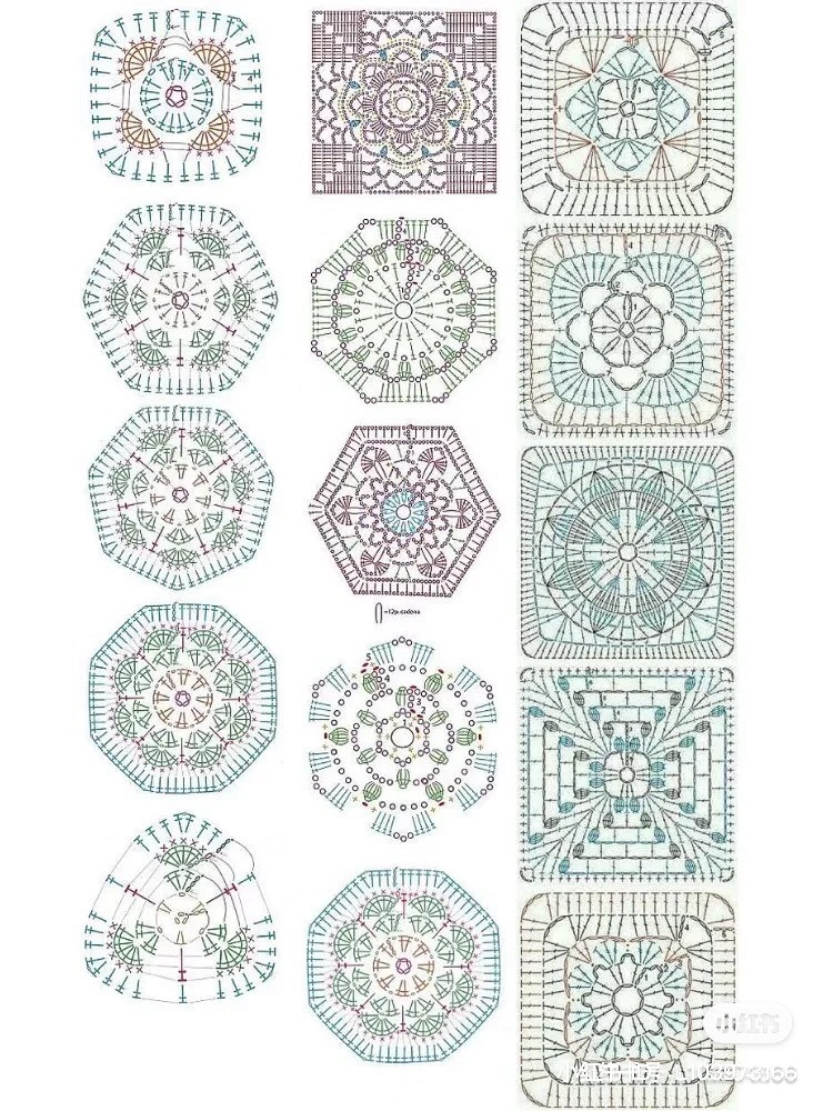 Crochet Pattern Chart with Intricate Square Motifs and Floral Designs