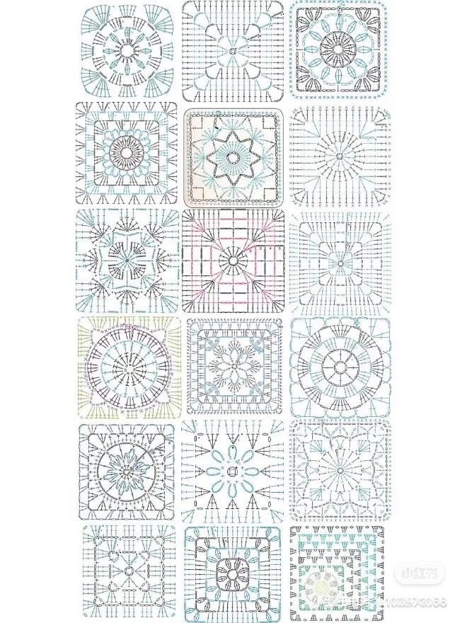 Crochet Pattern Chart with Intricate Square Motifs and Floral Designs