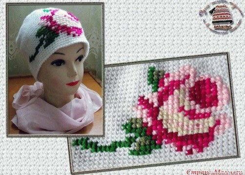 Crochet Pattern for Beanie with Blue Rose Design