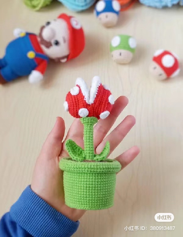 Crochet Pattern for Cute Potted Plant with Red Flower