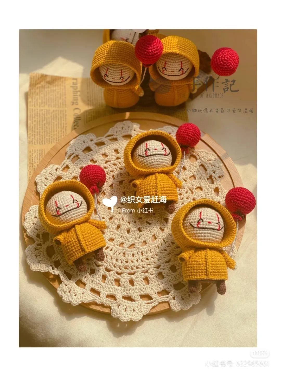 Crochet Pattern for Cute Yellow Raincoat Dolls with Red Balloons