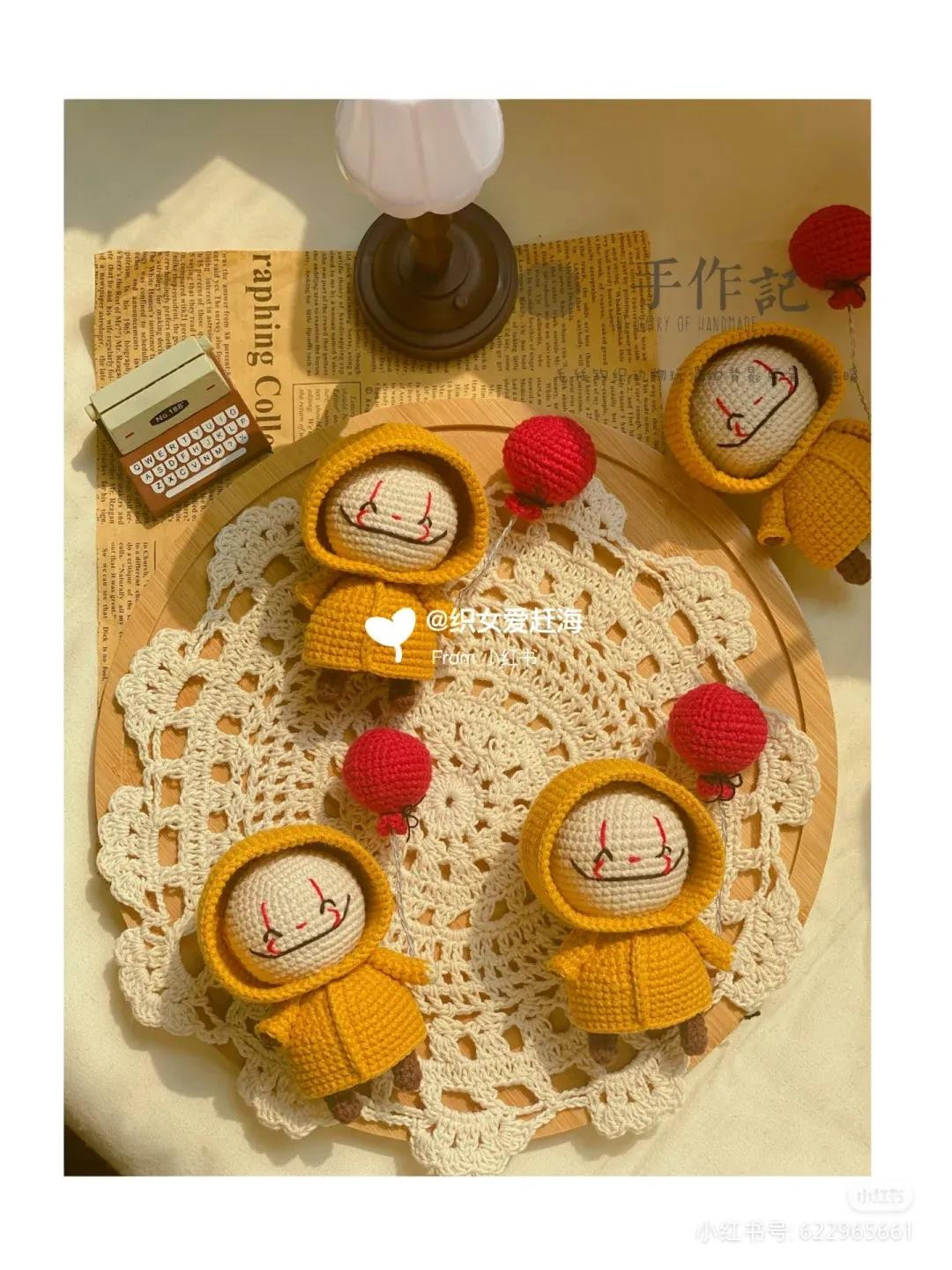 Crochet Pattern for Cute Yellow Raincoat Dolls with Red Balloons